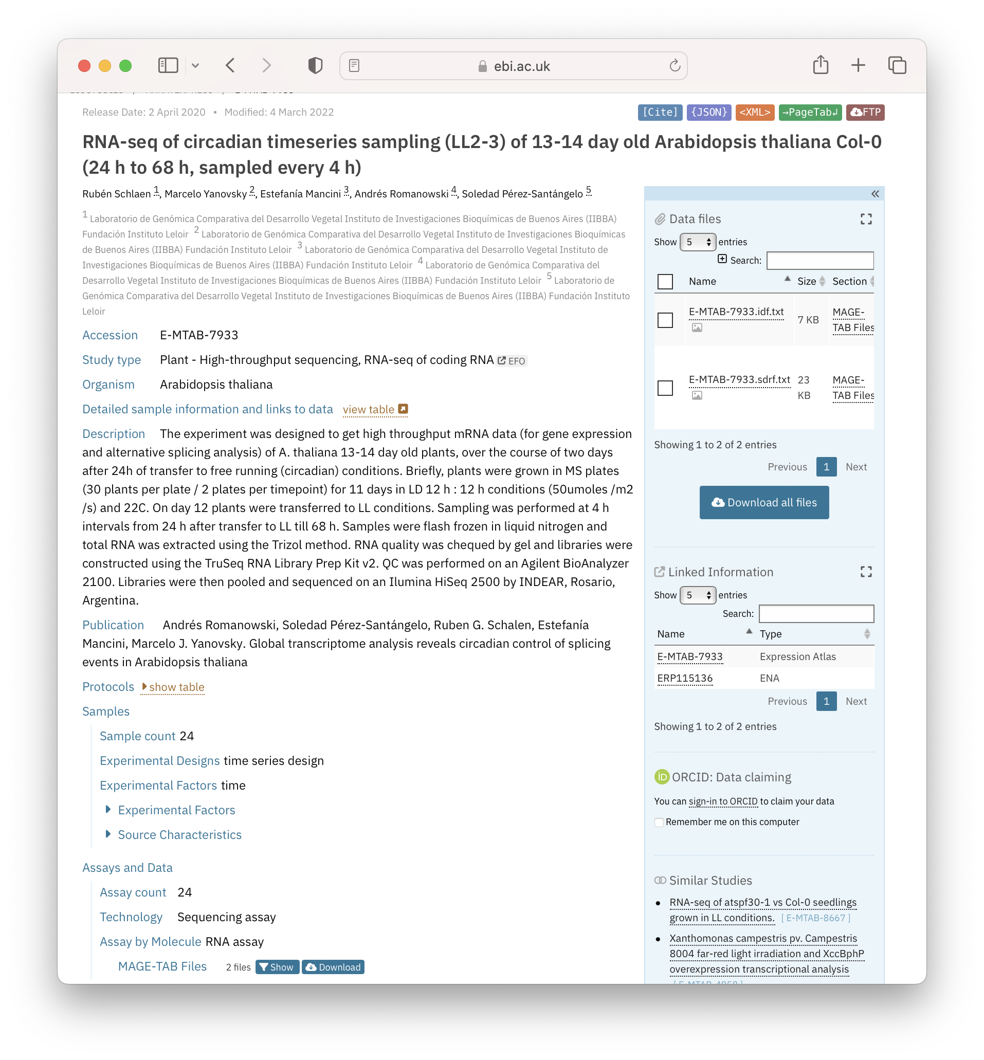 Figure 2.2: A screenshot of a plant [RNAseq dataset](https://www.ebi.ac.uk/biostudies/arrayexpress/studies/E-MTAB-7933?query=E-MTAB-7933) housed in BioStudies showing rich metadata