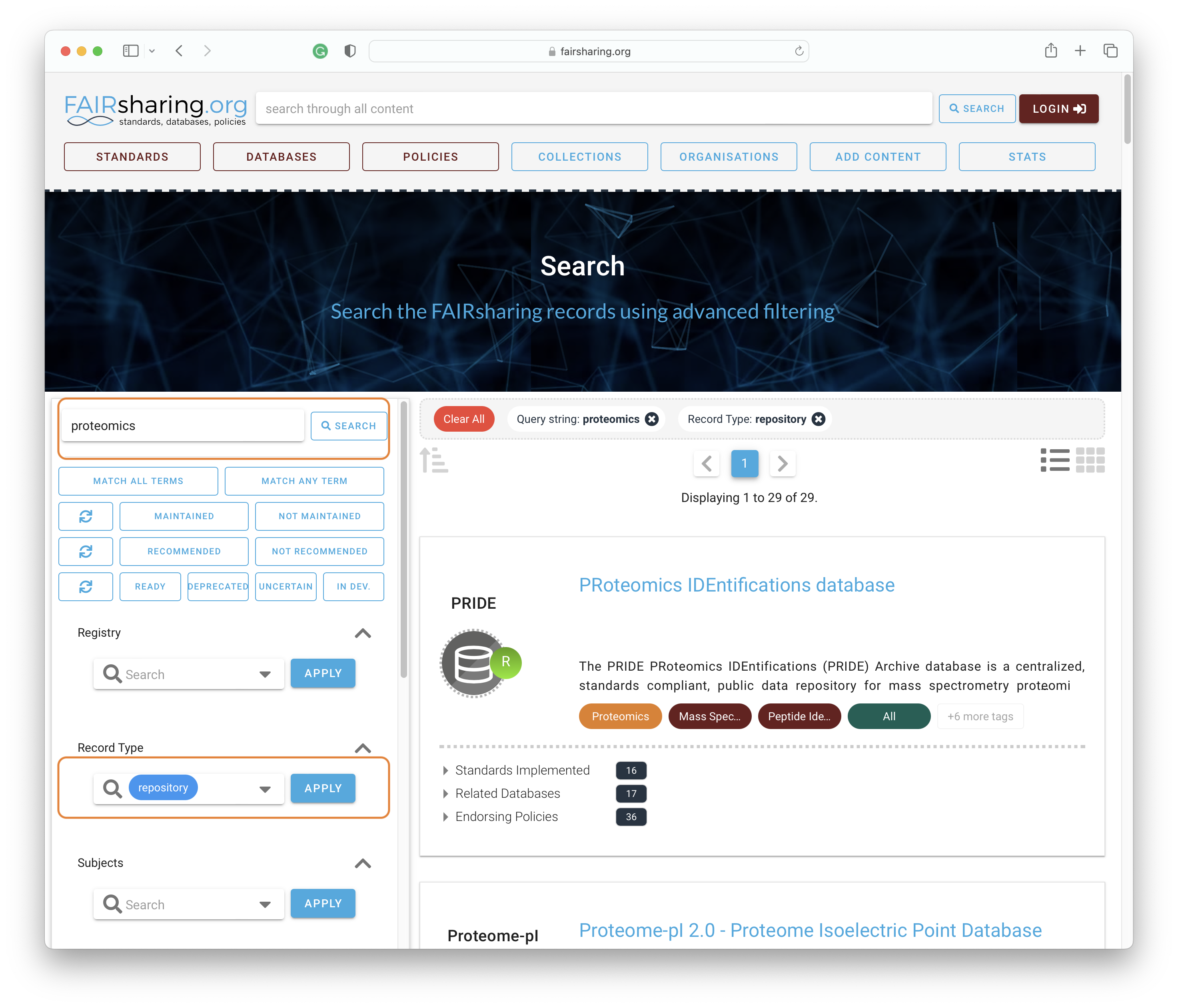 Figure 3.1: A screenshot of FAIRsharing showing the results for a search for all proteomics repositories.